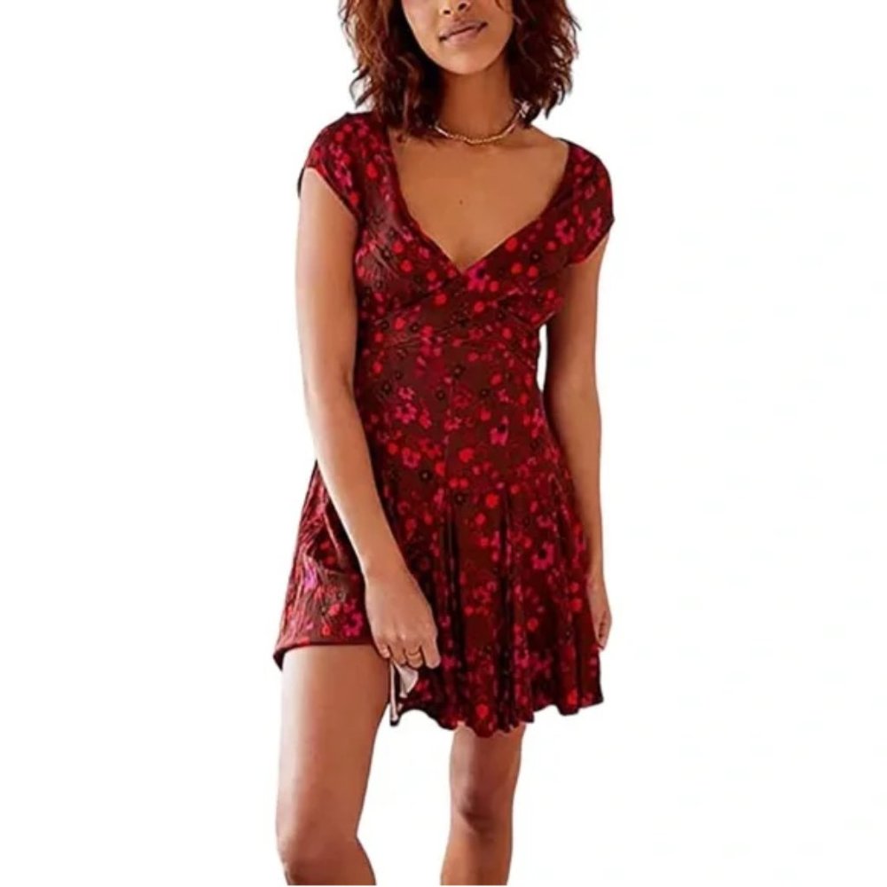 NEW Free People It Takes Two Mini Dress Ivory Floral Sleeveless Wrap Plum Combo